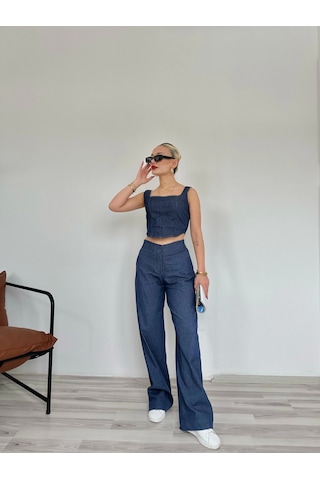 Keymoda Kadın Denim Kare Yaka Bluz Mavi Mavi