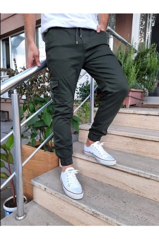Haki Slim Fit None Denim Yandan Cepli Bel Bağcıklı, Paçaları Lastikli Erkek Kargo Pantolon Haki