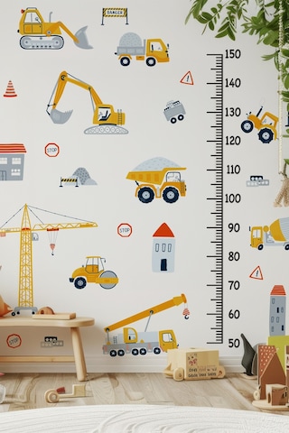 İş Makinaları Temalı Boy Cetvelli Çocuk Bebek Odası Sticker Seti Boy Cetveli İş Makinalı Sticker Dijital Baskı