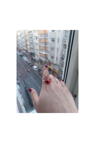 Gotik Kalp Kırmızı Detay Kadın Ayarlanabilir Çelik Yüzük Renkli