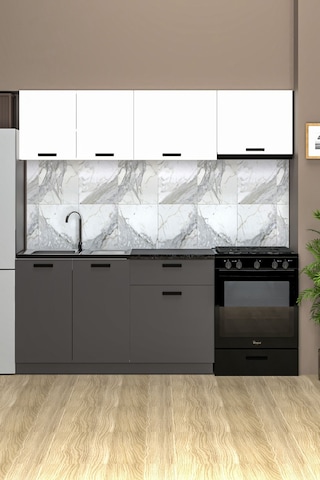 Antino 200 Cm Mutfak Dolabı, Hazır Mutfak Dolabı Tezgah + Çelik Evye Dahil Siyah