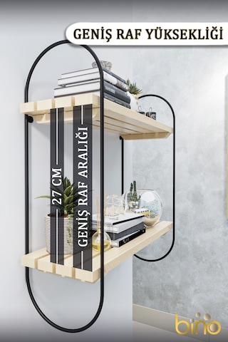 Bino Kitaplık Duvar Rafı Ahşap Salon Banyo Mutfak Rafı Dekoratif 2 Katlı Mat Siyah Paslanmaz Çelik