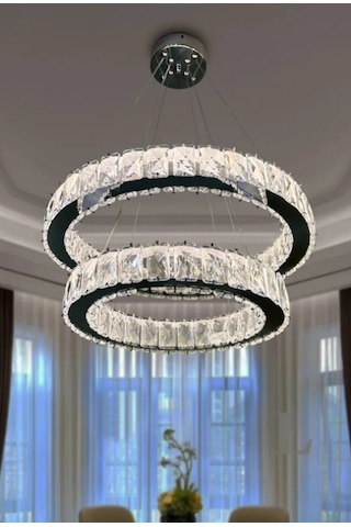 Ala Lighting Plaket Kristal Taş İşlemeli Krom Paslanmaz 2 Halka Led Avize Kumandalı Modern Sarkıt Avize Krom Ayna Ayna Krom