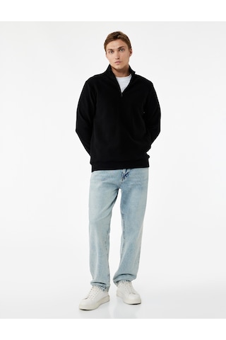 Koton Uzun Kollu Ribanalı Yarım Fermuarlı Sweatshirt Siyah 6wam70096mk Siyah