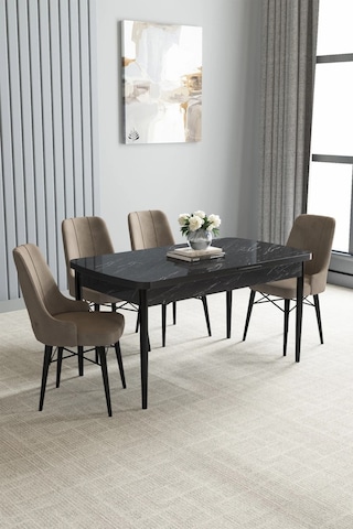 Zümra Serisi, Siyah Mermer Desen 80x132 Açılabilir Mdf Mutfak Masası Takımı 4 Adet Sandalye, Cappucino