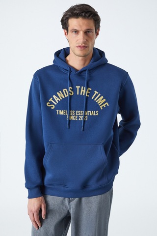 Grimelange WULF Erkek Organik Kumaşlı İçi Polarlı Yumuşacık Kanguru Cepli Kapüşonlu Lacivert Sweatshirt
