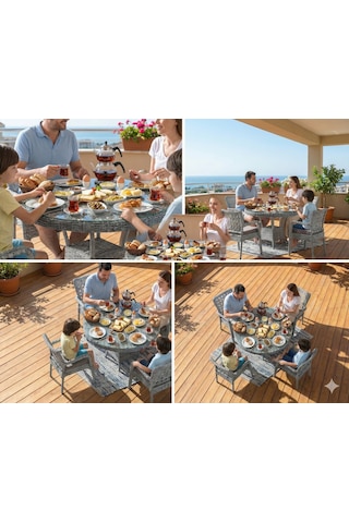 Tuna Modern Gri Rattan 4 Kişilik Yuvarlak Masa Ve Sandalye Takımı Minderli Bahçe Balkon Mobilyası Gri