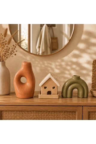 Momiko 3 Lü Modern Bohem Dekoratif Obje Ve Vazo Seti Ev, Kemer Ve Delikli Form Terracota-bej-yeşil