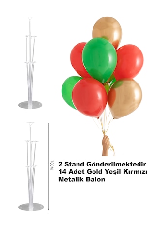 2 Adet Balon Standı 14 Adet Yeşil Kırmızı Gold Yılbaşı Balon Set