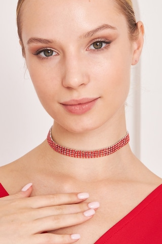 Kadın 4 Sıra Zirkon Taşlı Model Pırlanta Gümüş Choker Kolye Pembe