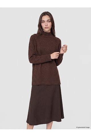 Lcw Modest Kahverengi Yarım Balıkçı Yaka Oversize Kadın Triko Tunik Xl-2xl