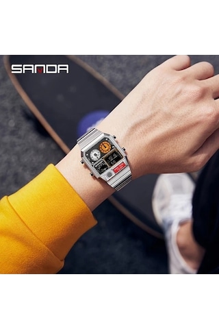 Fastbuy Gümüş Siyah A Erkek Digital Kol Saati - Kare Paslanmaz Çelik Bant Dual Ekran Altın Renk Altın