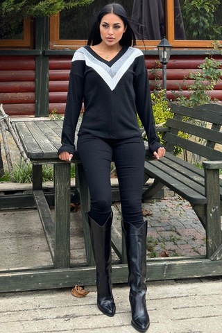 WeShaya Kadın Siyah Uzun Kollu V Yaka Color Block Pamuklu Bluz Sweatshirt Siyah