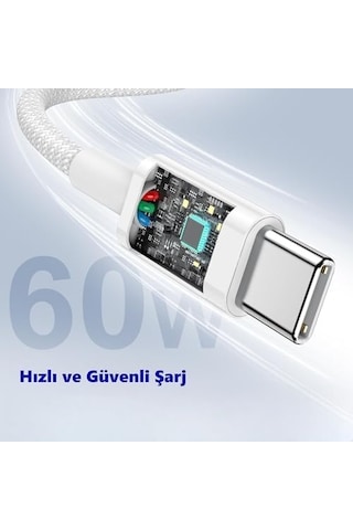 Type C-c Hızlı Şarj Kablosu, 2metre, Örgülü Kablo Ve Güçlendirilmiş Boyun, 60watt Pd Hızlı Şarj, İphone 15/16/17 Ve Andoid İçin 1ad X 2metre Beyaz