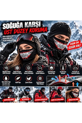 Storeşahin Unisex Tam Yüz Balaklava Diş Desenli Kışlık Maske Nefes Alan Esnek Kask Altı Boyunluk Yumuşak Viskoz Shn0720 Siyah