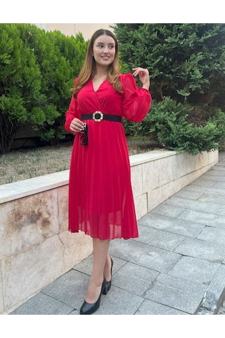 Hazego Kadın Şifon Kumaş Astalı Kloş Kesim Kruvaze Yaka Midi Boy Elbise Kırmızı