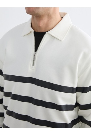 Lcw Vision Beyaz Polo Yaka Çizgili Erkek Kalın Sweatshirt