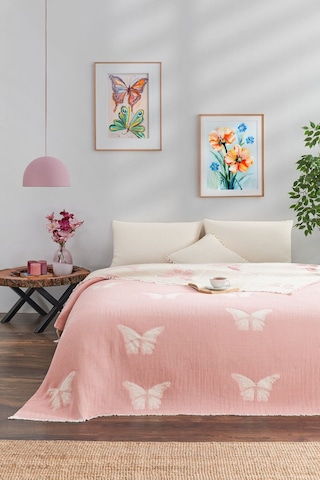 Kelebek Desenli Jakarlı Pembe Pike Çift Kişilik 220 240cm Pembe