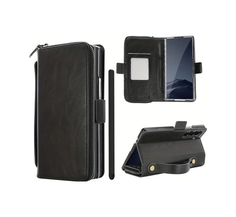 Trendooze Samsung Galaxy Z Fold 4 Faux Leather Case, Kart Yuvalı Kalemli El Kayışı