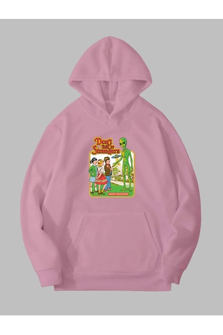 Harmandar Üç İplik Uzaylı Baskılı Unisex Pembe Kanguru Cepli Kapüşonlu Sweatshirt Hoodie Uzaylıpembesweat