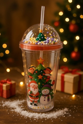 Desenli Renkli Pipetli Kupa Bardak Noel Çam Ağacı Altında Noel Baba Ve Kardan Adam Suluk 450ml 2768b Çok Renkli