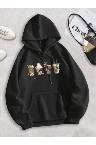 Clayes Coffe Sweatshirt - Siyah Baskılı Oversize Kapüşonlu Siyah