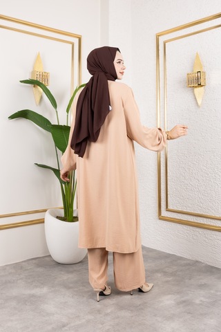 Nevayla Moda Ayrobin Kumaş İnci Detaylı Takım / T112 - Vizon Vizon