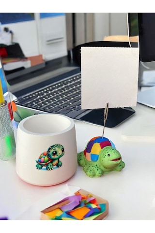 Renkli Kaplumbağa Fotoğraf Tutucu Not Tutacak Baskılı Kalemlik Ofis Seti Heyelik Çok Renkli