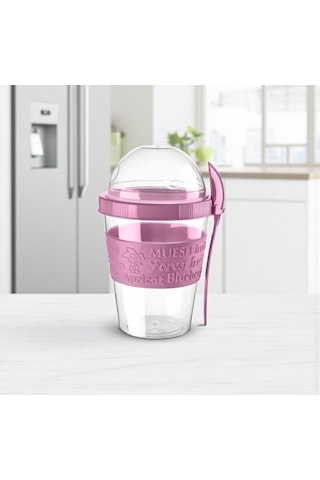 Titiz 600 Ml Kaşıklı Yoğurt & Müsli Kabı - Taşınabilir Kase - Pembe Çok Renkli