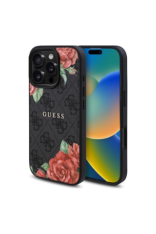 Apple Uyumlu iPhone 16 Pro Kılıf Guess Lisanslı Magsafe Şarj Özellikli Gül Baskılı 4g Desenli Yazı Logolu Siyah