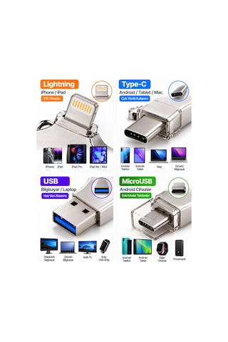 4in1 128gb Flash Bellek Usb Type-c Lightning Microusb Çoklu Giriş