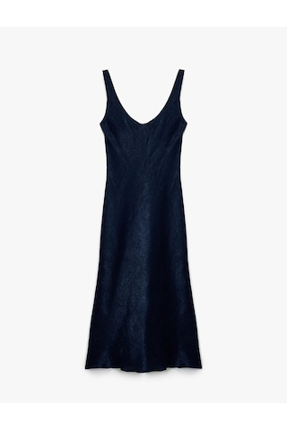 Koton Slim Fit Kolsuz U Yaka Kalın Askılı Uzun Saten Elbise Lacivert 6wak80025uw
