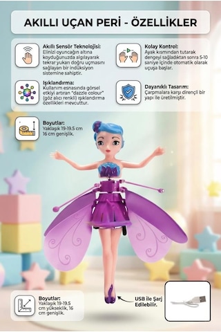 Uçan Peri Bebek Hareket Sensörlü Şarjlı Dazzle Colour Işıklandırmalı Uçan Mor Oyuncak Bebek