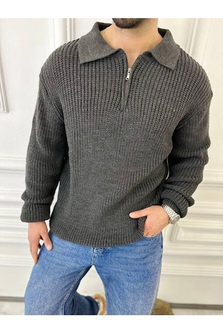 Kazak Oversize Tüylenmez Naturel Pamuk Fermuarlı Polo Yaka Örme Triko Kazak Füme