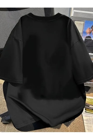 Modi Baskılı Oversize Bisiklet Yaka T-shirt - Siyah - Mymg159021
