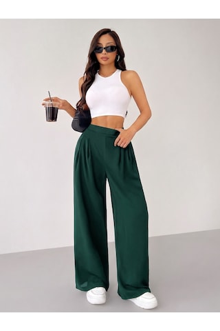 Genius Store Kadın Pantolon Scuba Krep Kumaş Beli Lastikli Cepli Pileli Geniş Paça Palazzo Pantolon Scuba-crep Yeşil