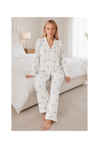 Fit Women Kadın Desenli Relaxed Beyaz Pijama Takımı 4661