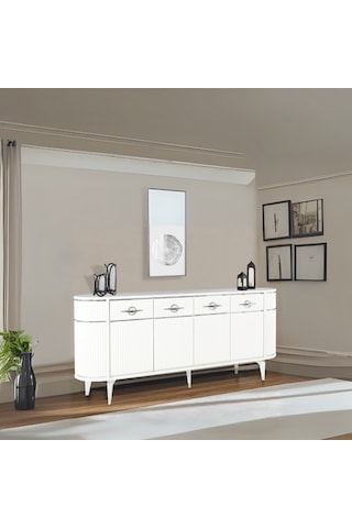 Maya 4 Kapaklı Gümüş Detaylı Konsol Beyaz Renkli Oval Model 180x45x84 Cm Beyaz - Gümüş