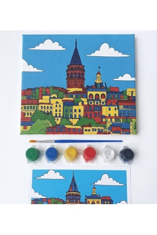 Figürlü Tuval Boyama Seti 20x20 Cm 1 Adet Fırça, 6 Renk Akrilik Boya Ve Referans Görselli Hobi & Kendin Yap Boyama Kiti 1, Galata Kulesi