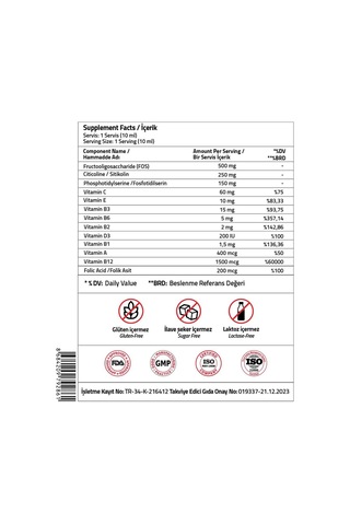 Validus Kids Citicoline 250 Mg + Fos 500 Mg + Phosphotidylserine 150 Mg + Vitamin Complex Şurup 150 Ml