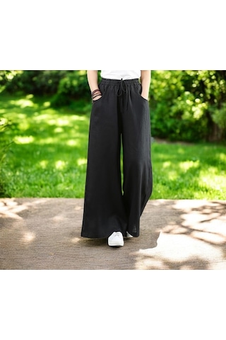 Yazlık Beli Lastikli Şık Keten Pantolon siyah