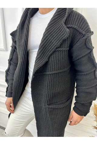 Elku Moda Elkumoda Hırka Kapüşonlu Cepli Örgü Triko Uzun Panço Hırka Hırka2785-HIRKA2785
