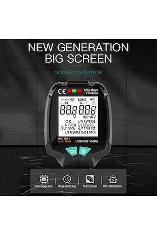 Moveevo Elektrik Prizi Testeri Lcd Ekranlı, Akım/frekans/leakage Tespiti, 20 Veri Depolama, Avrupa Standartı Pil Dahil Değil