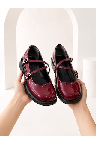 Dabab Shoes Marsel Kadın Bordo Rugan Çapraz Bantlı Tokalı 2 Cm Kalın Taban Mary Jane Ayakkabı