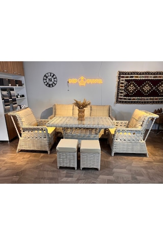 Depodunya Rattan Puflu Bahçe Balkon Takımı 3 1 1 Rattan Bahçe Mobilyası Bahçe Takımı Oturma Grubu Bej