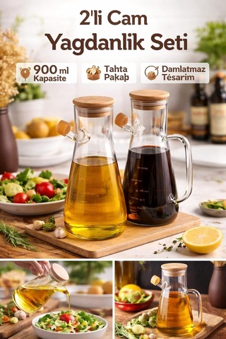 Cam Yağlık Şişe Seti Ahşap Kapaklı, Damlatmaz Akıtma Uçlu Cam Sirkelik Ve Zeytinyağı Şişesi, Ölçü İşare Çok Renkli