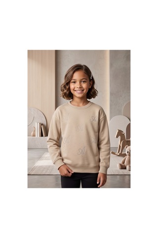 Deniva Kids Kız Çocuk Bej Taş İşlemeli Bisiklet Yaka Pamuklu Sweatshirt Bluz