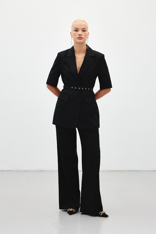 Sateen Bol Paça Keten Pantolon - Siyah-136411 Siyah