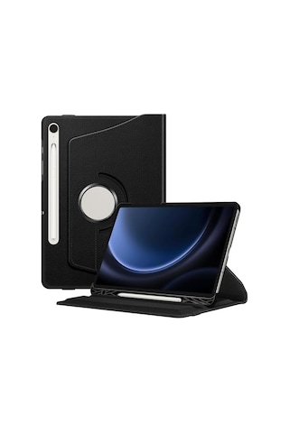 Galaxy Uyumlu Tab S9 Fe X510 Kılıf, 360 Derece Dönebilen Standlı Deri Akıllı Tablet Kılıfı, Kalem Bölmeli Elastik Bandajlı Koruyucu Kapak - Siyah
