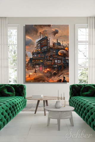 Dikey Kanvas Tablo Tekli Ev Kafe Ofis Steampunk Veya Post-apokaliptik Şehir Konsepti 2725